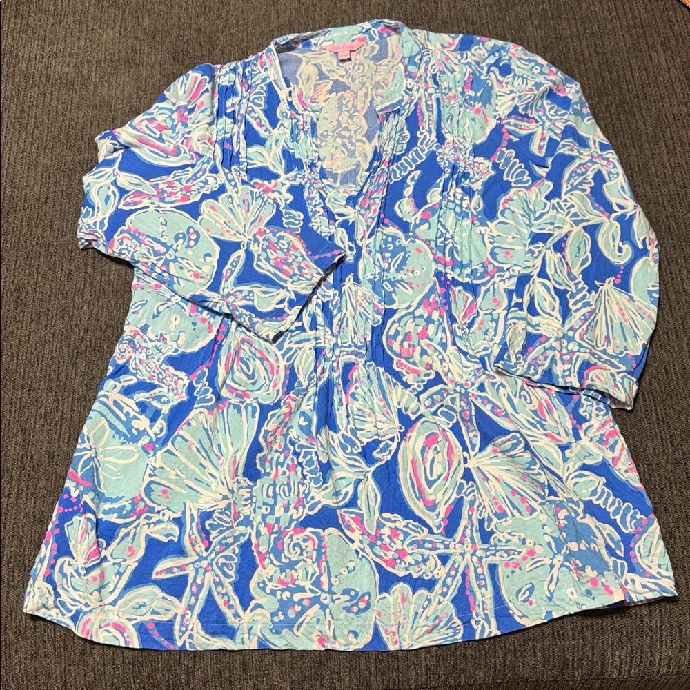 Lilly Pulitzer Blue Multicolor Shell-Print Tunic Top XL